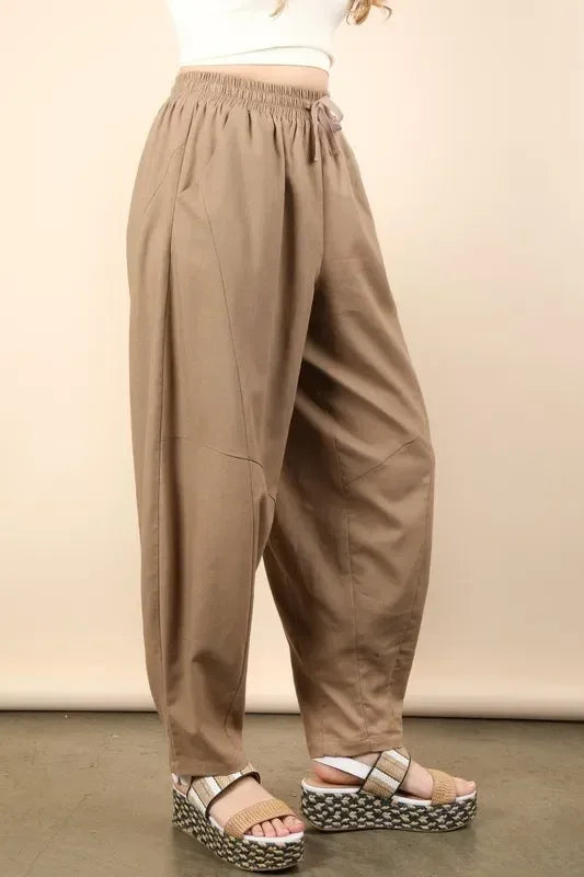 VERY J Solid Barrel Comfy Woven Pants - DAVERRI FASHIONS