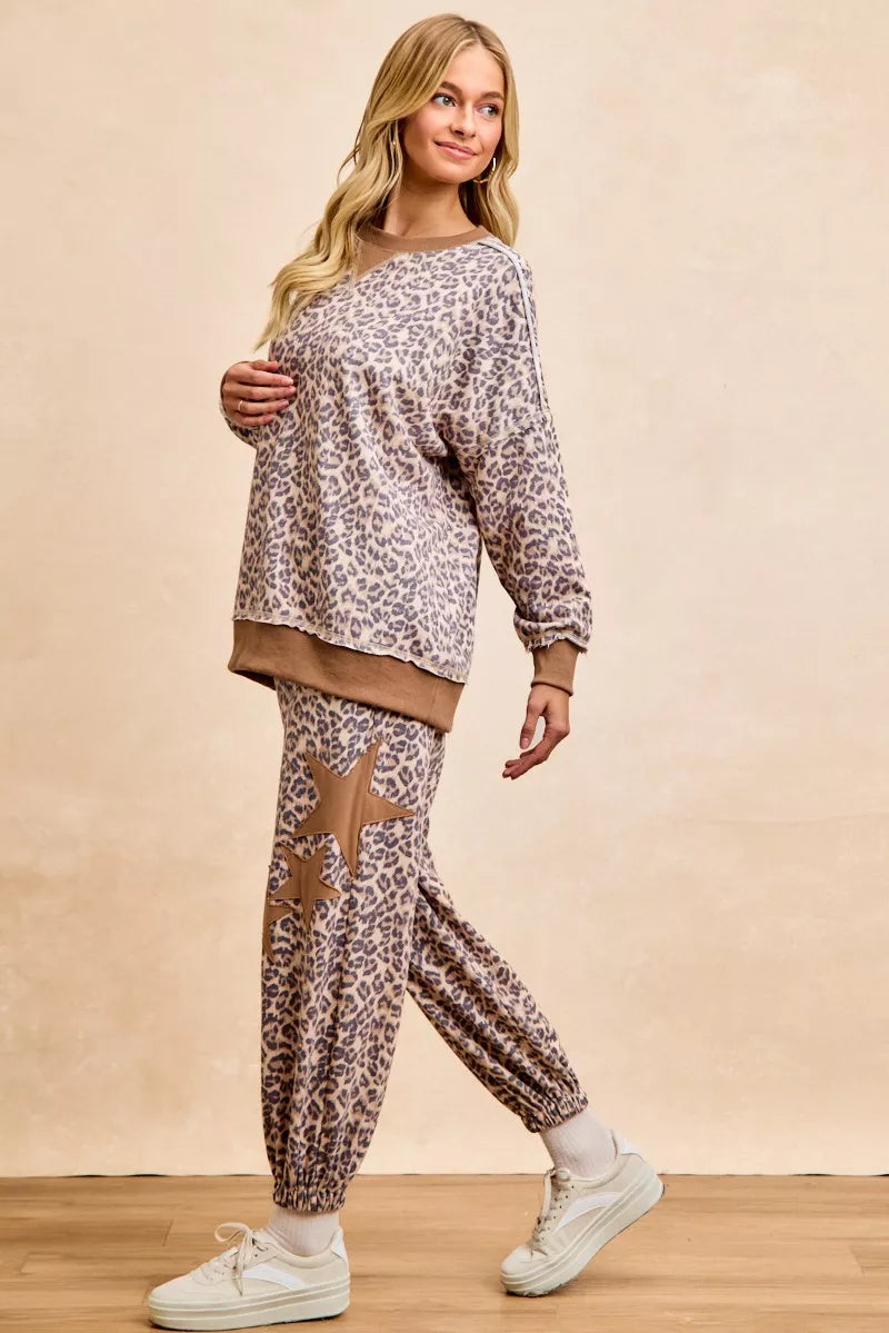 BiBi Leopard Printed French Terry Sweatshirt with beige loungewear set and tan star appliques