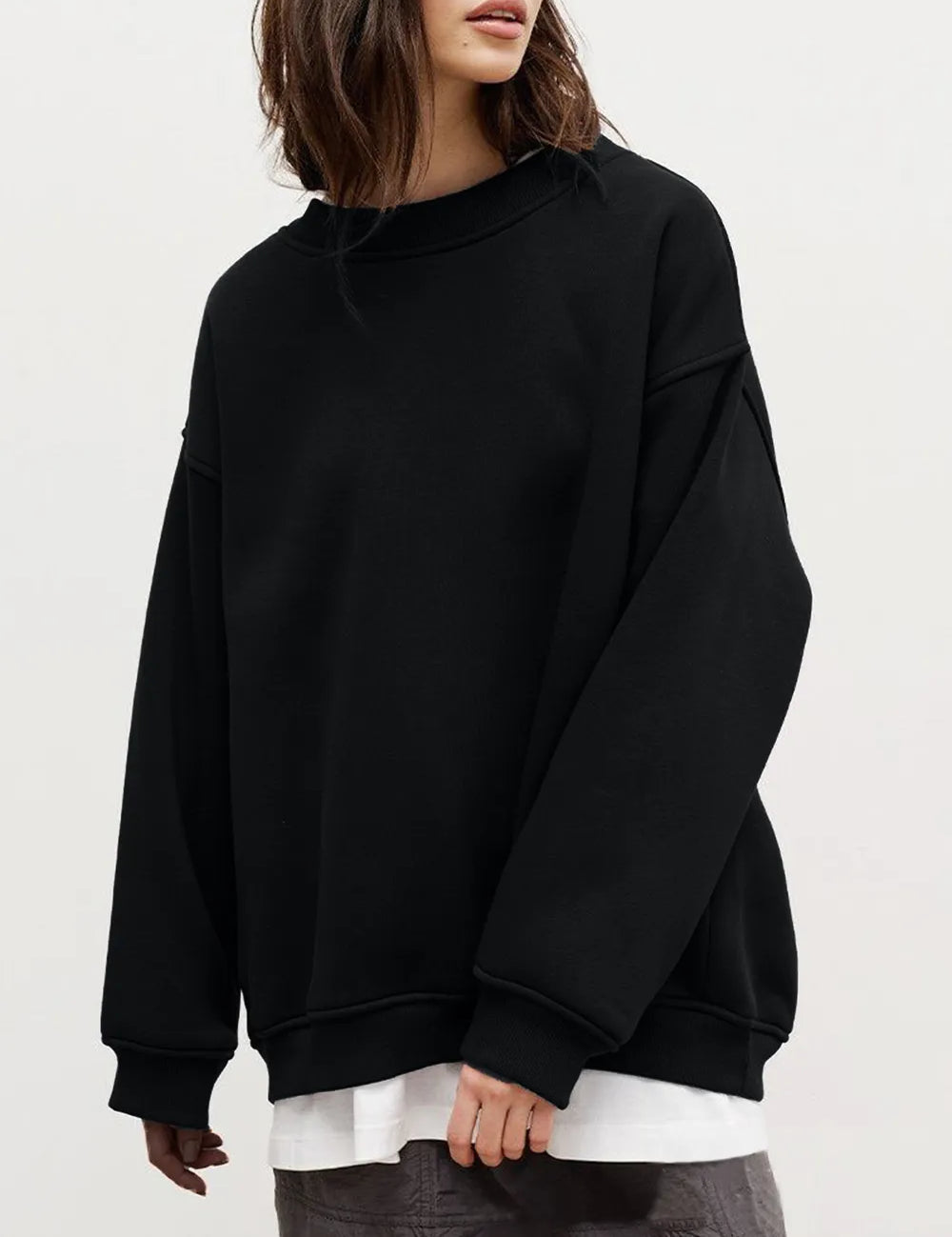 Black Round Neck Dropped Shoulder Long Sleeve Sweatshirt | Sweatshirts Daverri Fashions