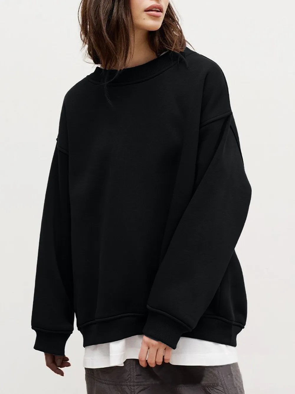 Black Round Neck Dropped Shoulder Long Sleeve Sweatshirt | Sweatshirts Daverri Fashions