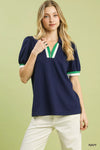 Umgee navy blue puff sleeve zip front top with green white trim