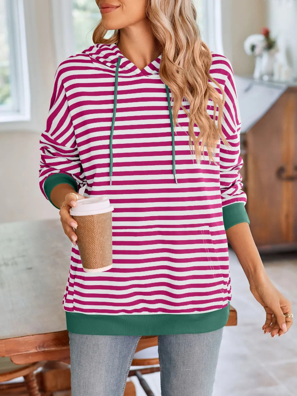 Lovelet Drawstring Striped Long Sleeve Hoodie | Hoodies Daverri Fashions