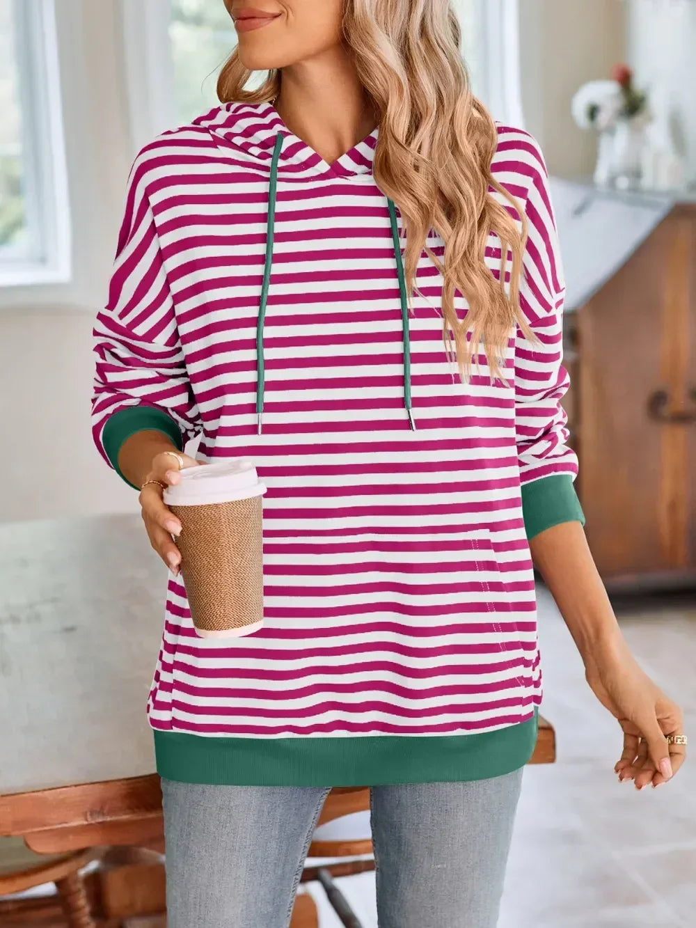 Lovelet Drawstring Striped Long Sleeve Hoodie - DAVERRI FASHIONS