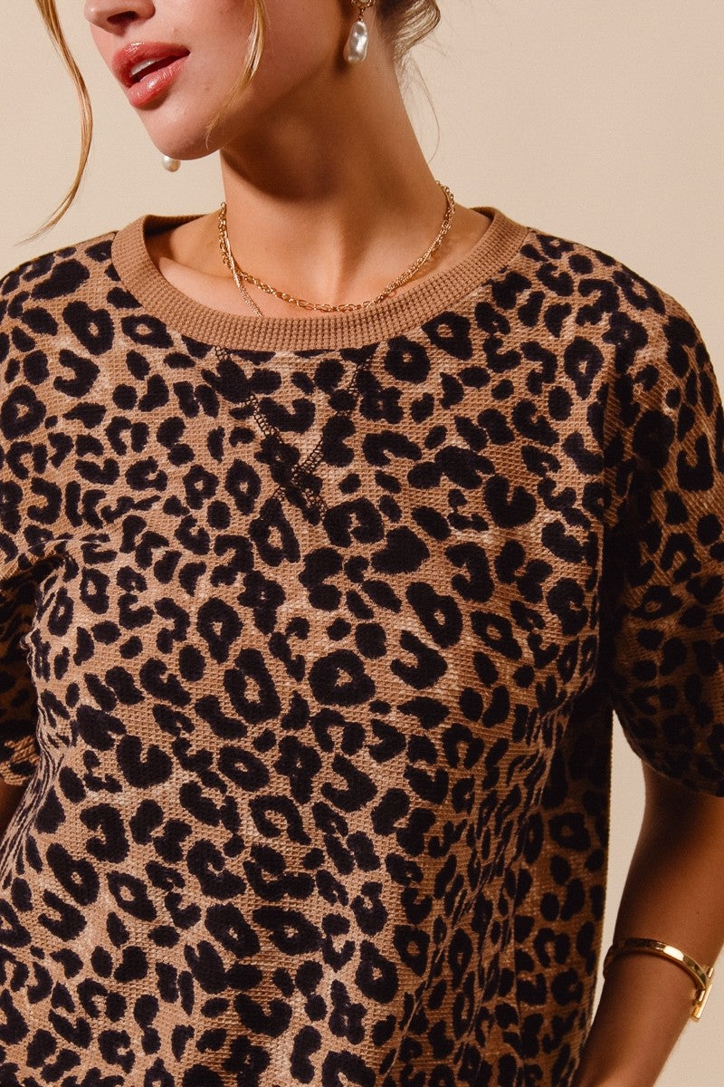 SO ME Leopard Thermal Waffle Knit Top in tan-black leopard print