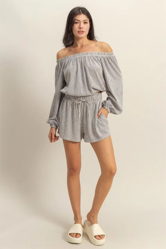 HYFVE Off Shoulder Top and Shorts Set BLACK WHITE