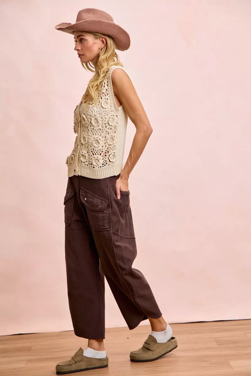 Cream lace floral tank top with BiBi vintage mocha wide-leg pants