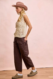 Cream lace floral tank top with BiBi vintage mocha wide-leg pants