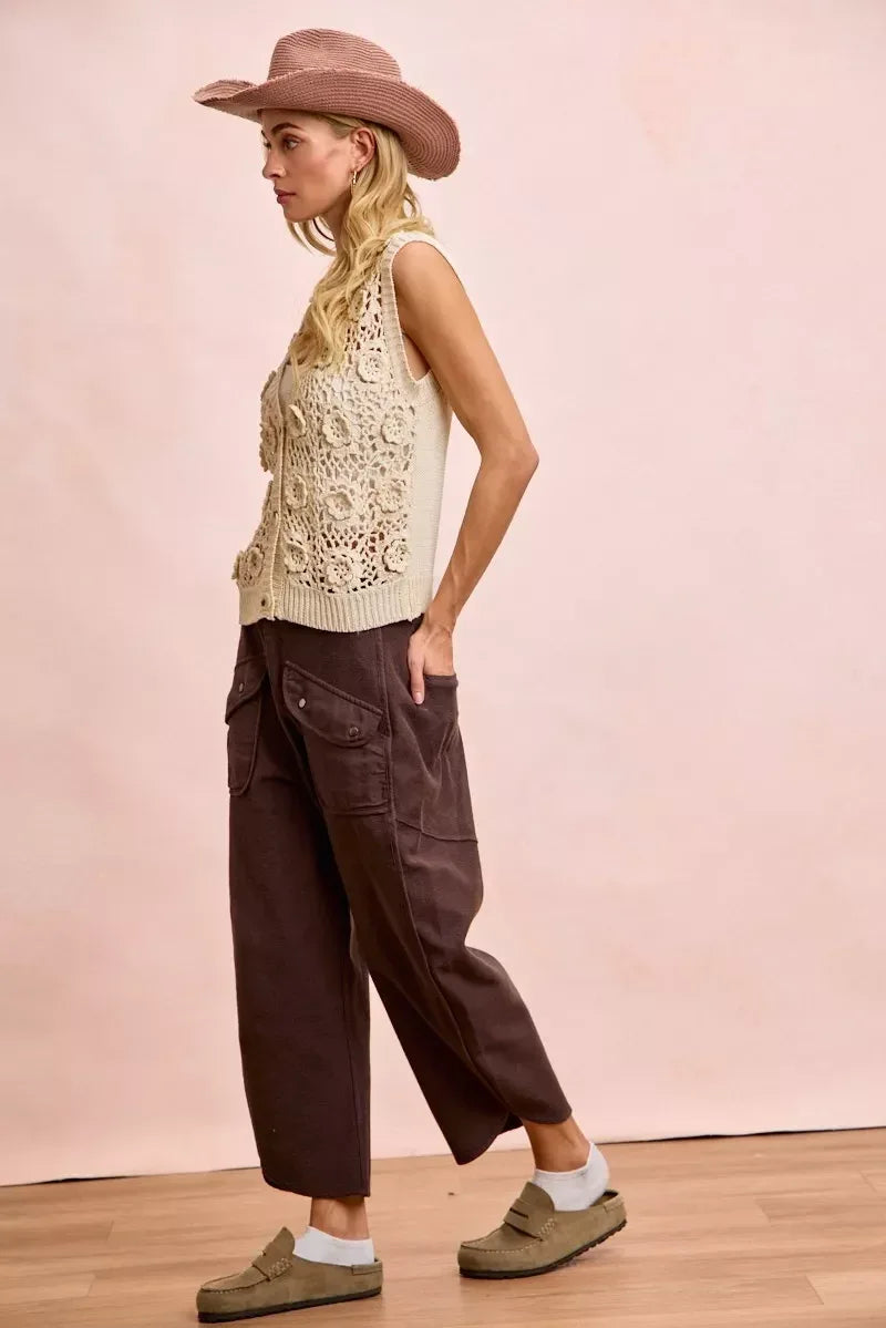 BiBi Washed Terry Pants with Pockets Vintage Mocha - DAVERRI FASHIONS