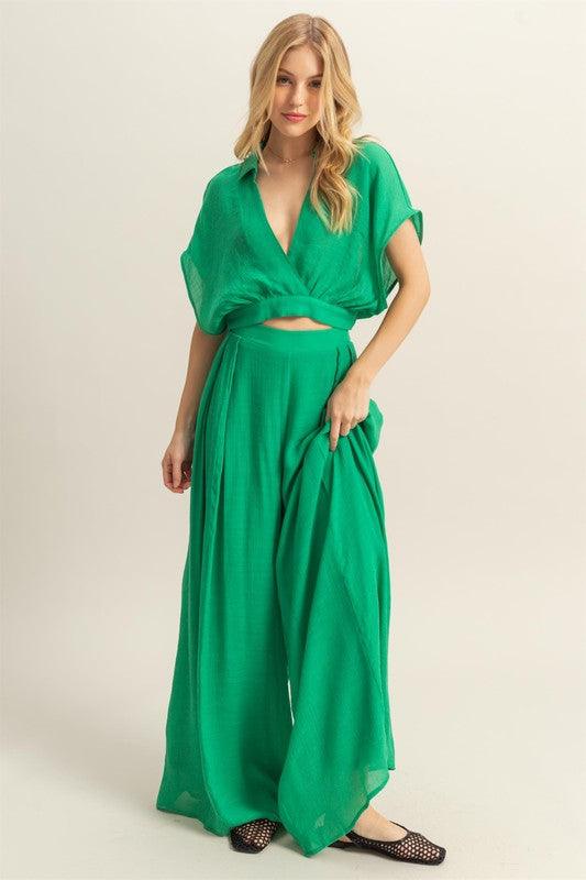 HYFVE Green Kimono Sleeve Crop Top and Wide Leg Pants Set Outfit Sets