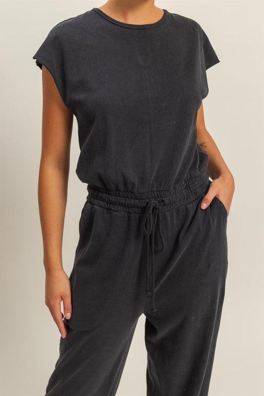 HYFVE Back Keyhole Round Neck Cap Sleeve Drawstring Jumpsuit Jumpsuits