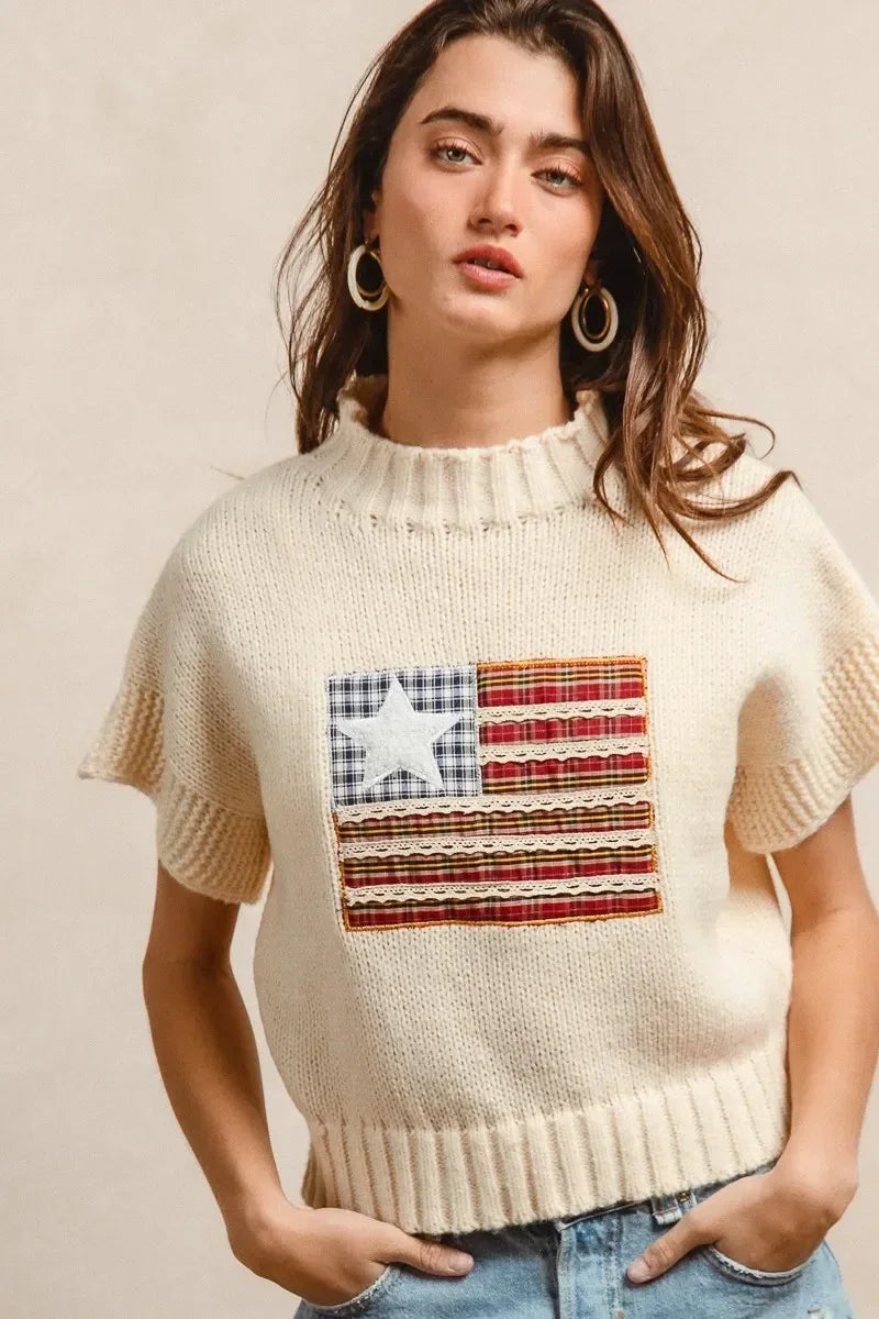 BiBi American Flag Patchwork Drop Shoulder Sweater - DAVERRI FASHIONS