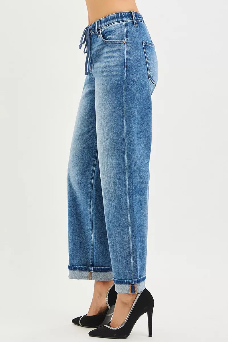 RISEN blue denim boyfriend jeans with drawstring waist and rolled cuffs