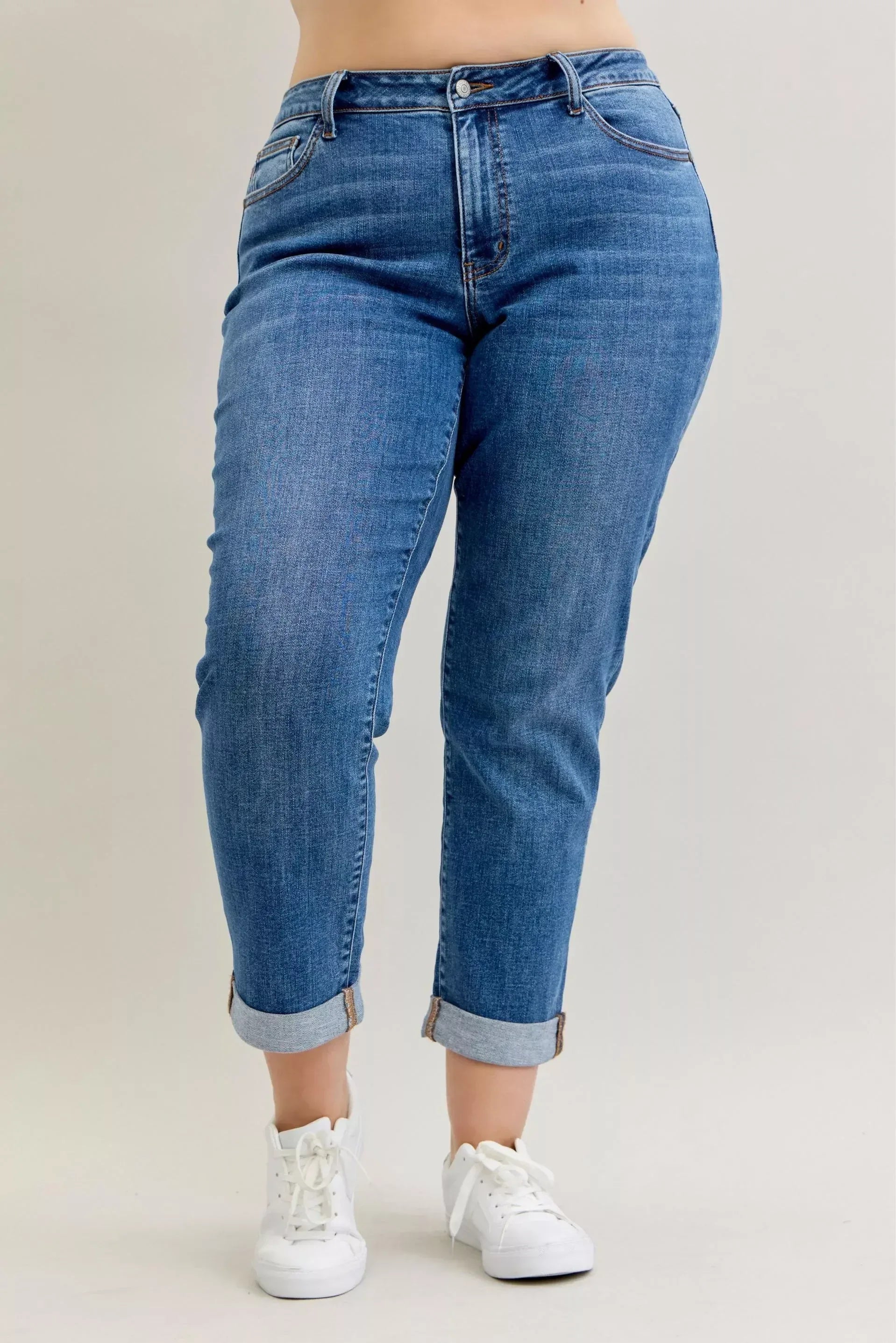 Judy Blue Full Size Mid Rise BF Classic Cuffed Jeans Plus Size - DAVERRI FASHIONS