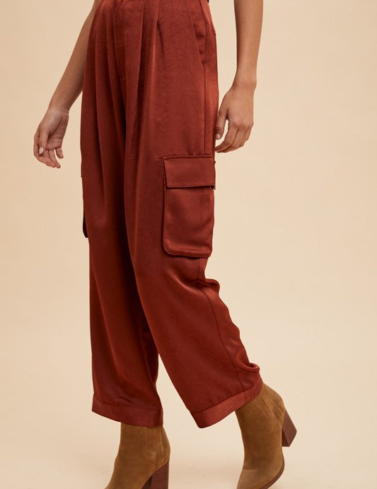 Anniewear Wide Leg Cargo Satin Pants Bottoms