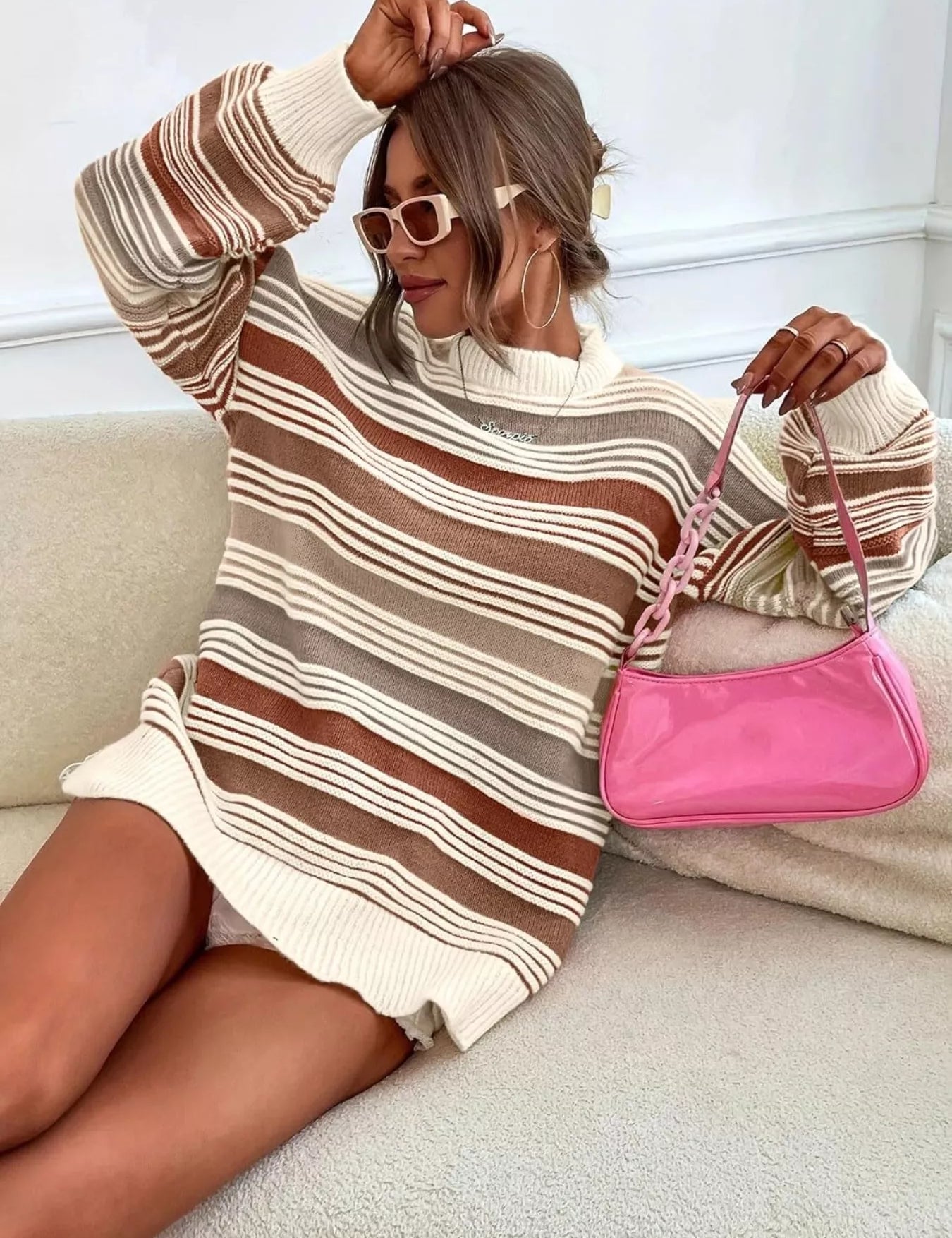 Rainbow Striped Drop Shoulder Oversized Sweater | Sweaters Daverri Fashions