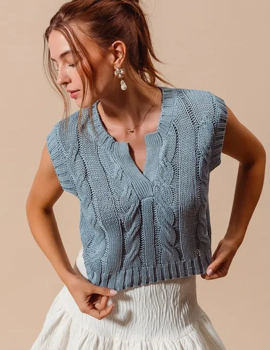 SO ME Notched Neck Cable Knit Sweater Vest | Sweater Vests Daverri Fashions