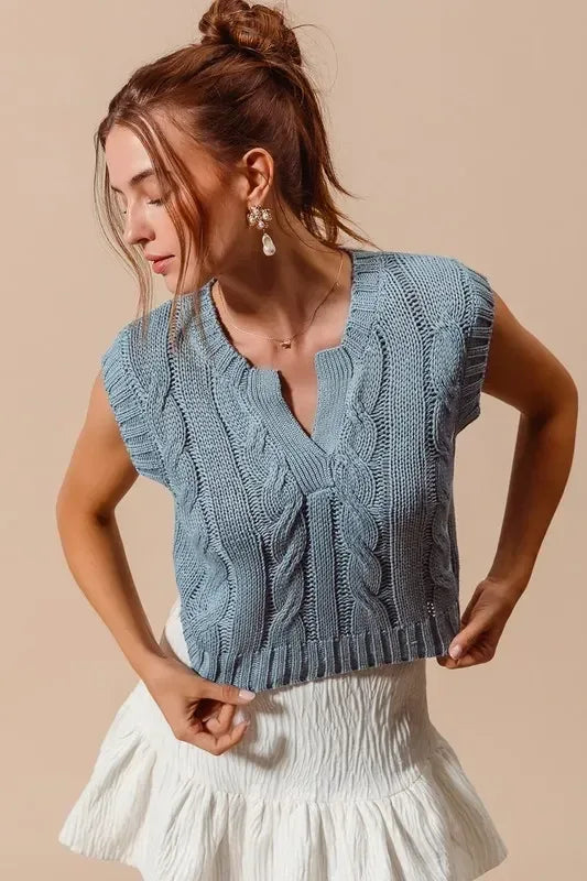 SO ME Notched Neck Cable Knit Sweater Vest - DAVERRI FASHIONS