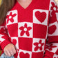 Daverri floral heart checkered v-neck sweater in red and white with embroidered flowers