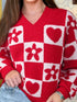 Daverri floral heart checkered v-neck sweater in red and white with embroidered flowers