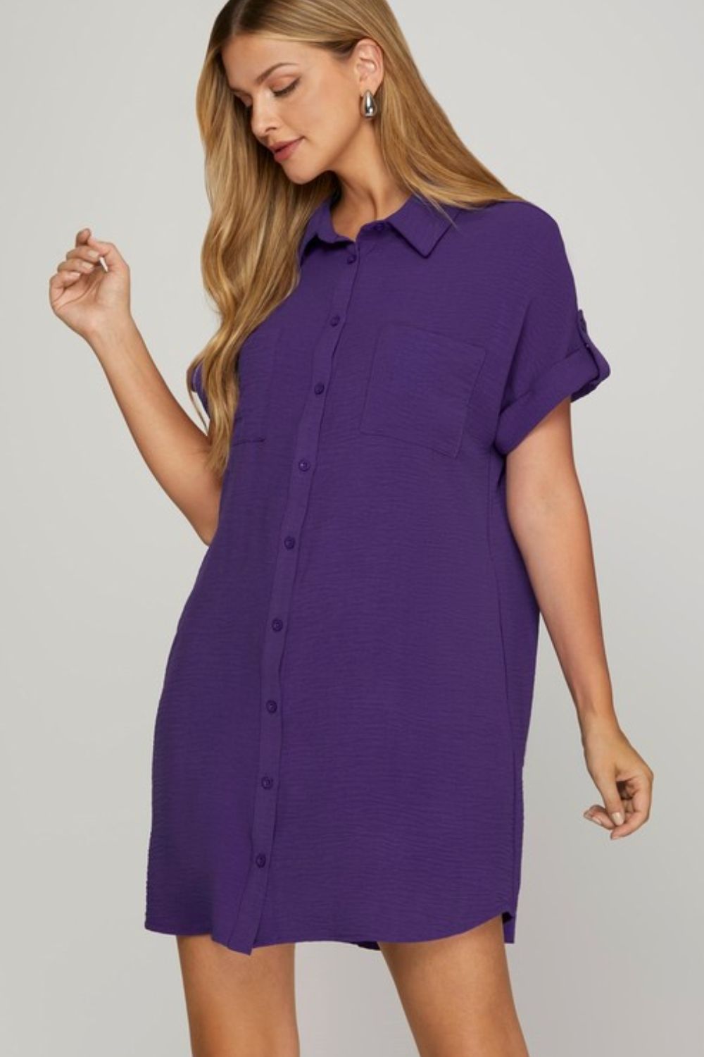 She + Sky Violet Button Down Short Sleeve Woven Shirt Dress Violet Mini Dresses