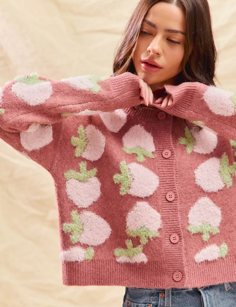 SO ME Strawberry Fruit All Over Button Sweater Cardigan | Cardigans Daverri Fashions