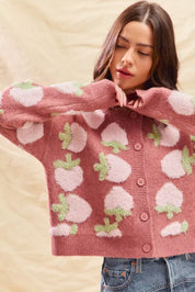 SO ME Strawberry Fruit All Over Button Sweater Cardigan | Cardigans Daverri Fashions