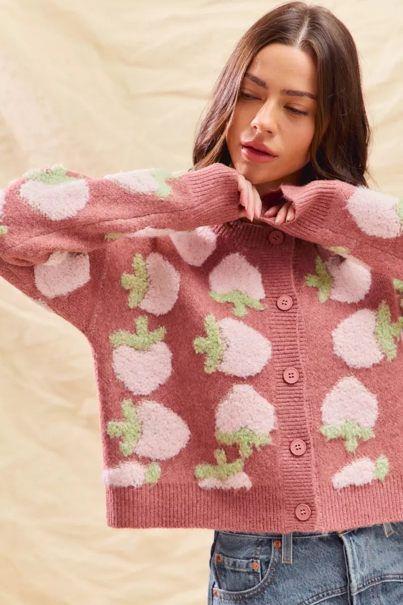 SO ME Strawberry Fruit All Over Button Sweater Cardigan | Cardigans Daverri Fashions