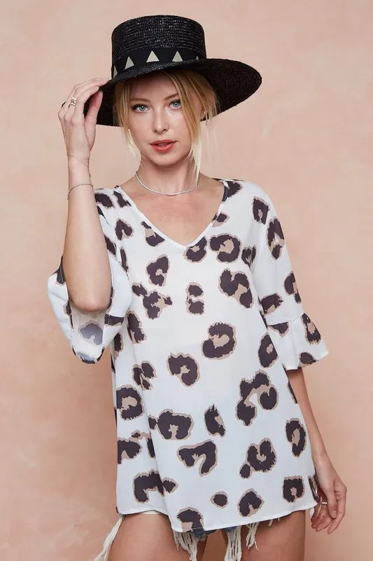 BiBi Leopard Printed V Neck Woven Top with Ruffled | Blouses Daverri Fashions