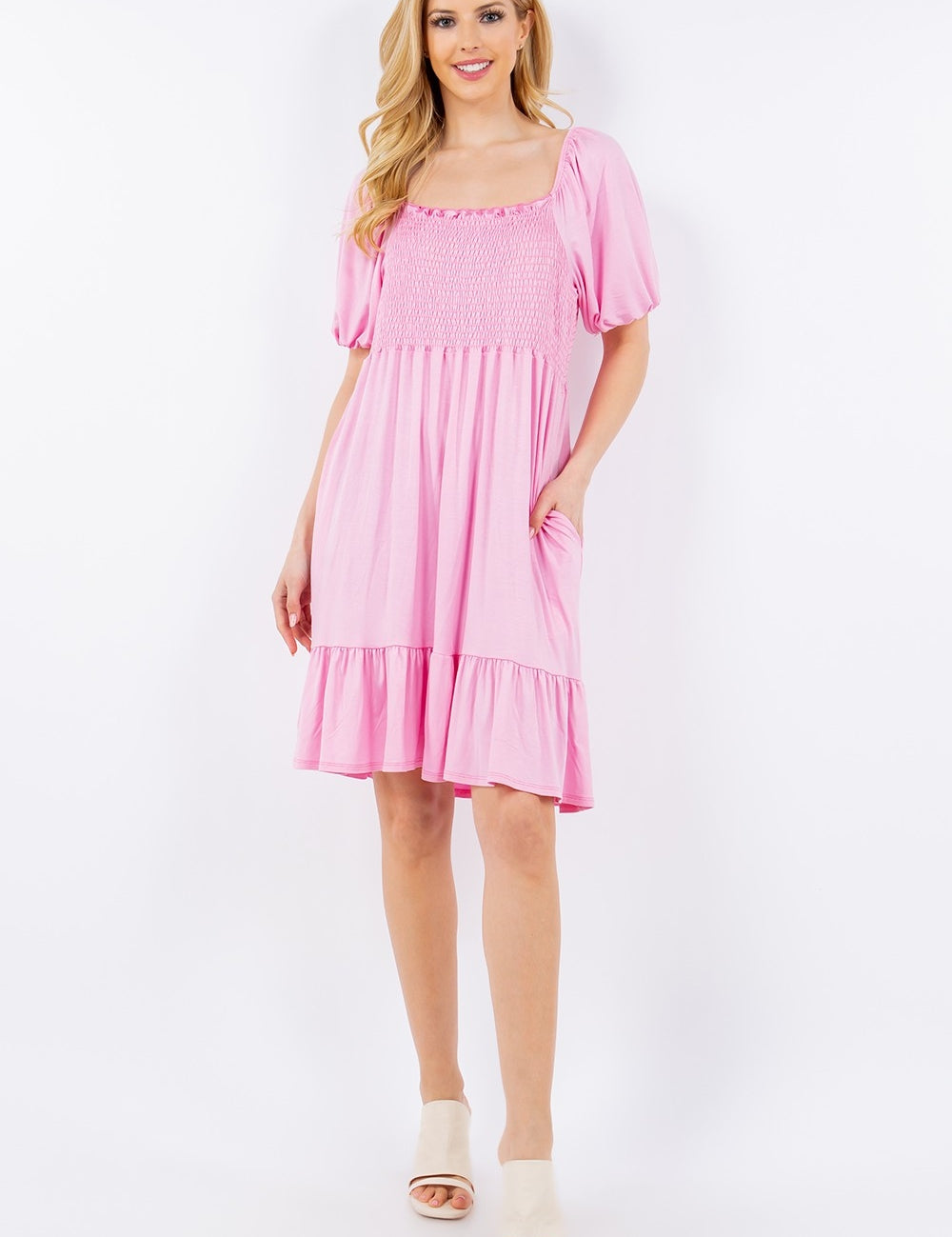 Celeste Full Size Smocked Square Neck Puff Sleeve Ruffle Hem Dress Plus Size Pink Knee Length Dresses