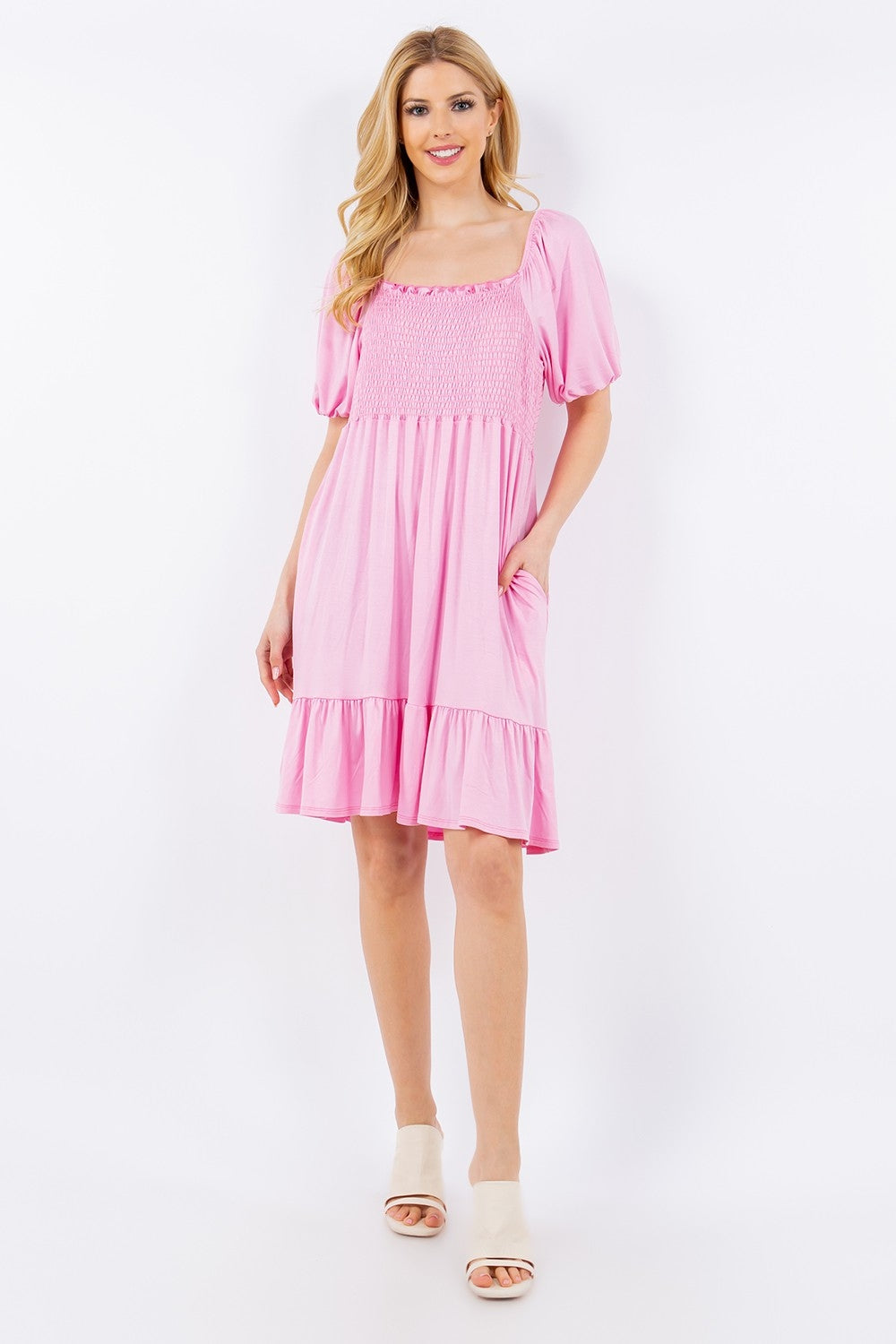 Celeste Full Size Smocked Square Neck Puff Sleeve Ruffle Hem Dress Plus Size Pink Knee Length Dresses