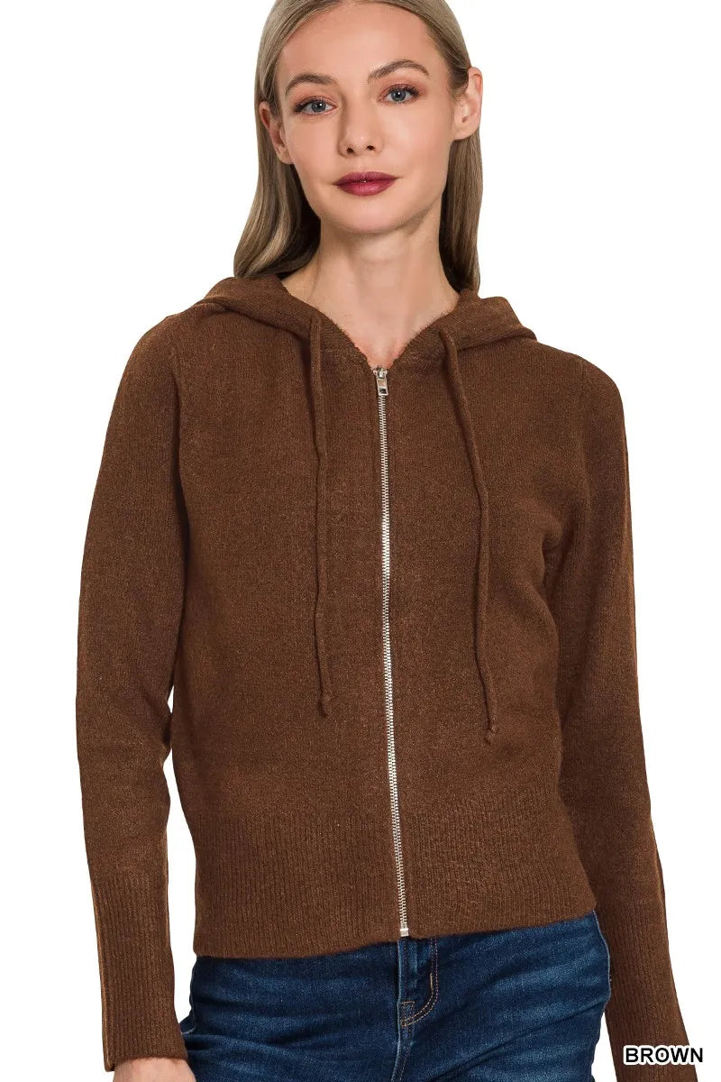 BROWN Zenana Drawstring Zip Up Hooded Cardigan Brown | Cardigans Daverri Fashions