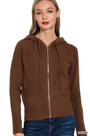 BROWN Zenana Drawstring Zip Up Hooded Cardigan Brown | Cardigans Daverri Fashions