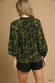 Umgee Full Size Floral Velvet Blouse with Balloon Sleeves Plus Size | Blouses Daverri Fashions