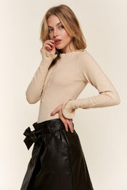 And The Why Half Button Round Neck Long Sleeve Bodysuit | Daverri Fashions