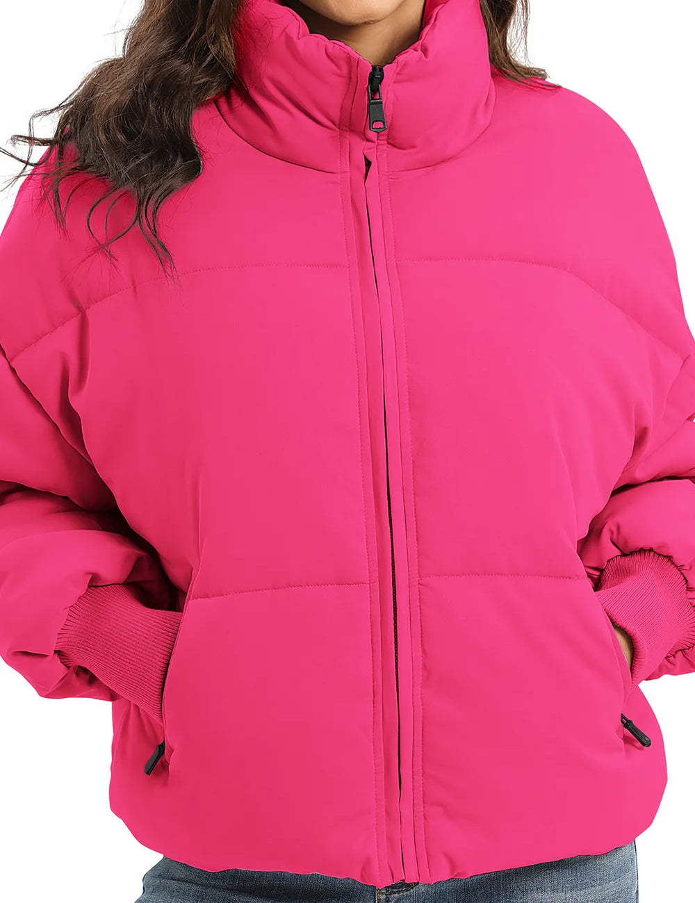 Hot pink zip-up turtleneck puffer jacket with black zipper and pockets