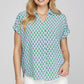 She + Sky Full Size Printed Johnny Collar Short Sleeve Blouse Plus Size Turquoise Blouses