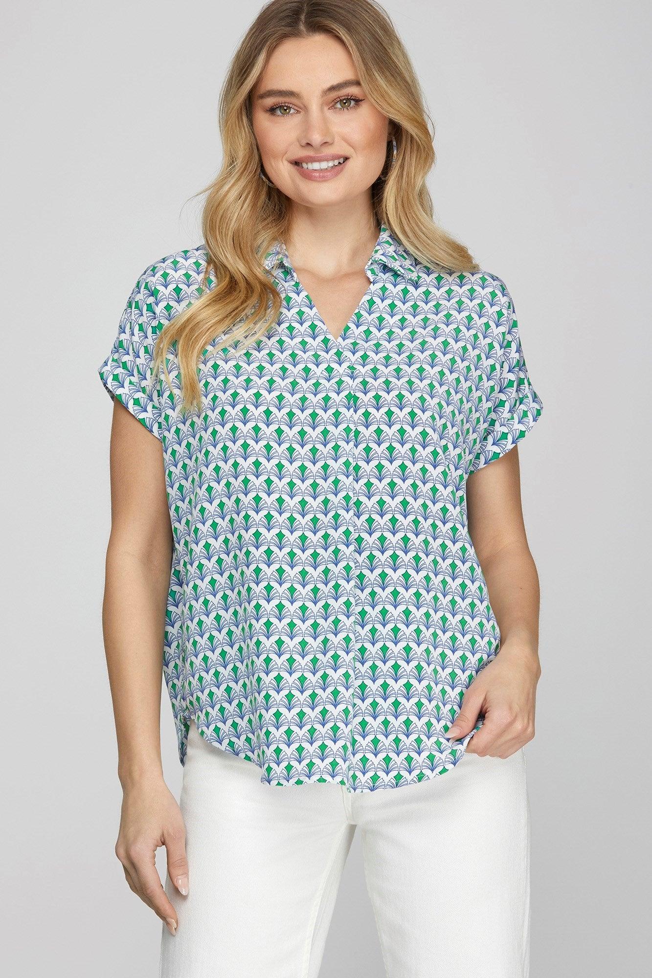 She + Sky Full Size Printed Johnny Collar Short Sleeve Blouse Plus Size Turquoise Blouses