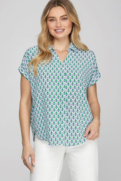 She + Sky Full Size Printed Johnny Collar Short Sleeve Blouse Plus Size - DAVERRI FASHIONS