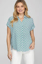 She + Sky Full Size Printed Johnny Collar Short Sleeve Blouse Plus Size - DAVERRI FASHIONS