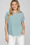 She + Sky Full Size Printed Johnny Collar Short Sleeve Blouse Plus Size - DAVERRI FASHIONS