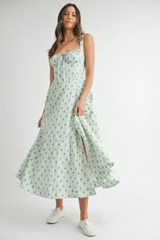 MABLE Floral Print Bustier Back Lace Up Midi Dress | Daverri Fashions