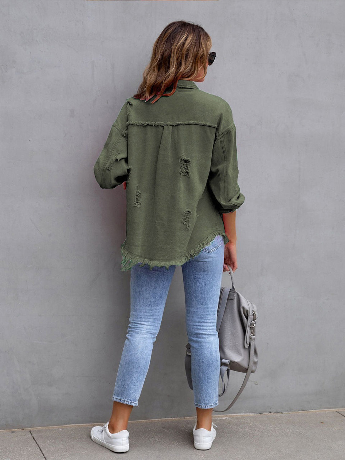Distressed Drop Shoulder Denim Jacket | Denim Jackets Daverri Fashions