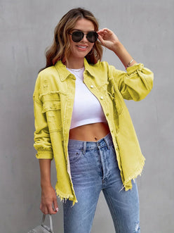 Distressed Drop Shoulder Denim Jacket - DAVERRI FASHIONS