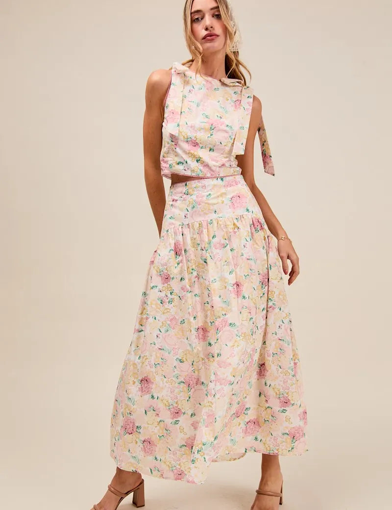 FLORAL SO ME Floral Printed Woven Shoulder Bow Tie Top and Skirt Set | Outfit Sets Daverri Fashions