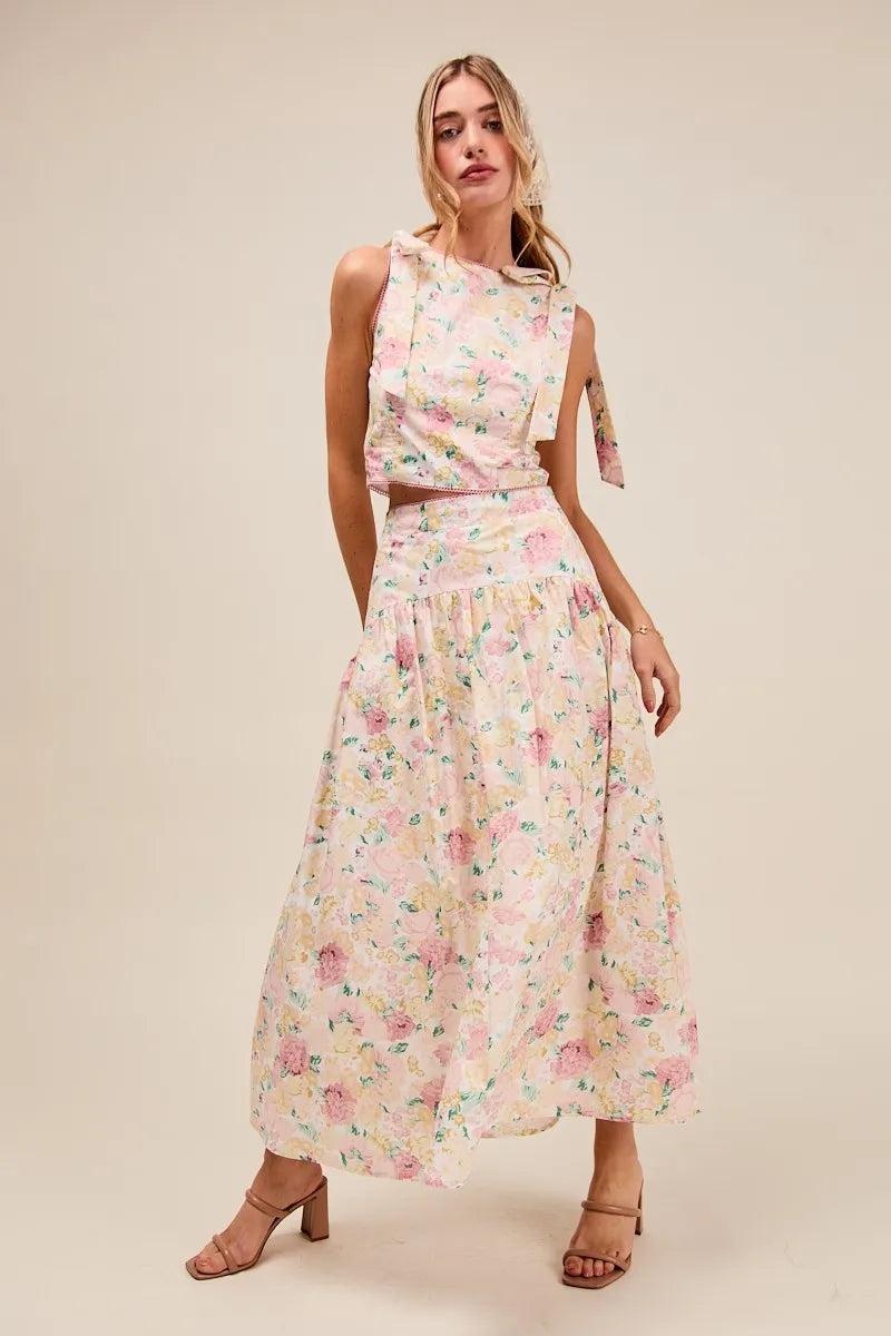 SO ME Floral Printed Woven Shoulder Bow Tie Top and Skirt Set FLORAL Outfit Sets