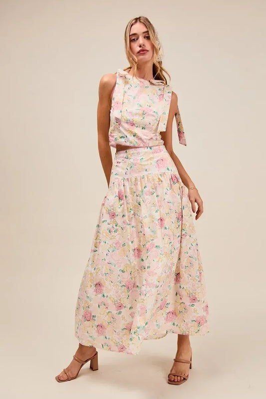 SO ME Floral Printed Woven Shoulder Bow Tie Top and Skirt Set - DAVERRI FASHIONS