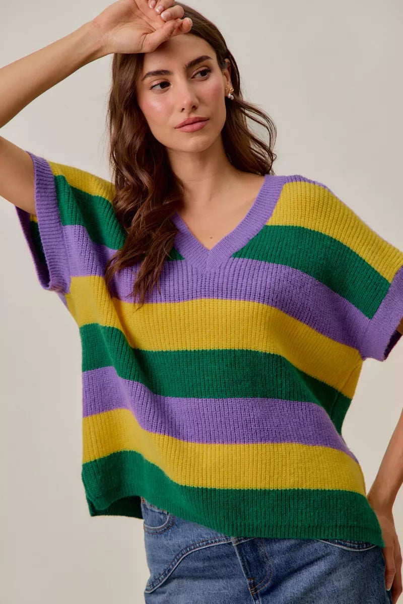 SO ME Mardi Gras loose fit V-neck striped sweater in green, yellow, purple