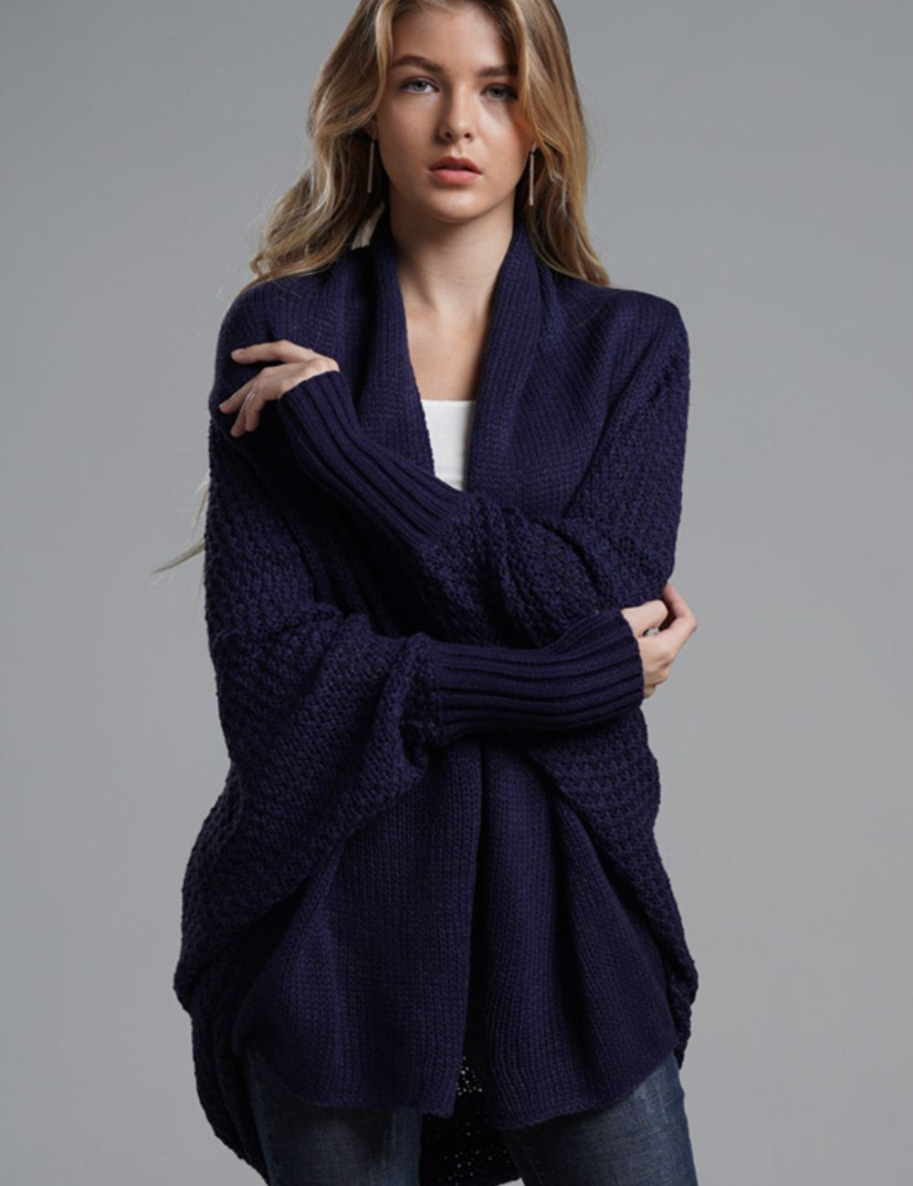 Navy One Size Dolman Sleeve Open Front Ribbed Trim Longline Cardigan | Cardigans Daverri Fashions