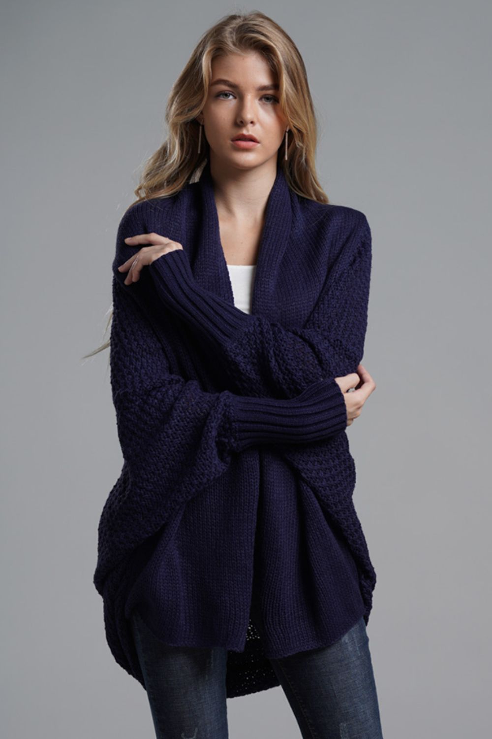 Navy One Size Dolman Sleeve Open Front Ribbed Trim Longline Cardigan | Cardigans Daverri Fashions