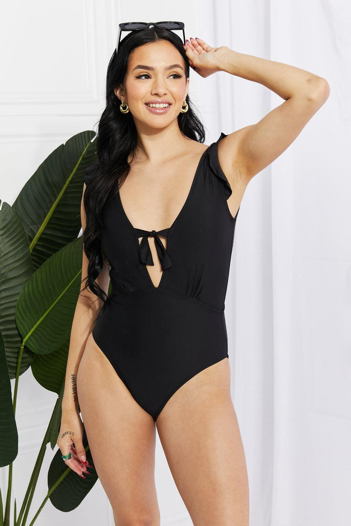 Marina West Swim Seashell Ruffle Sleeve One-Piece in Black Black Swimwear